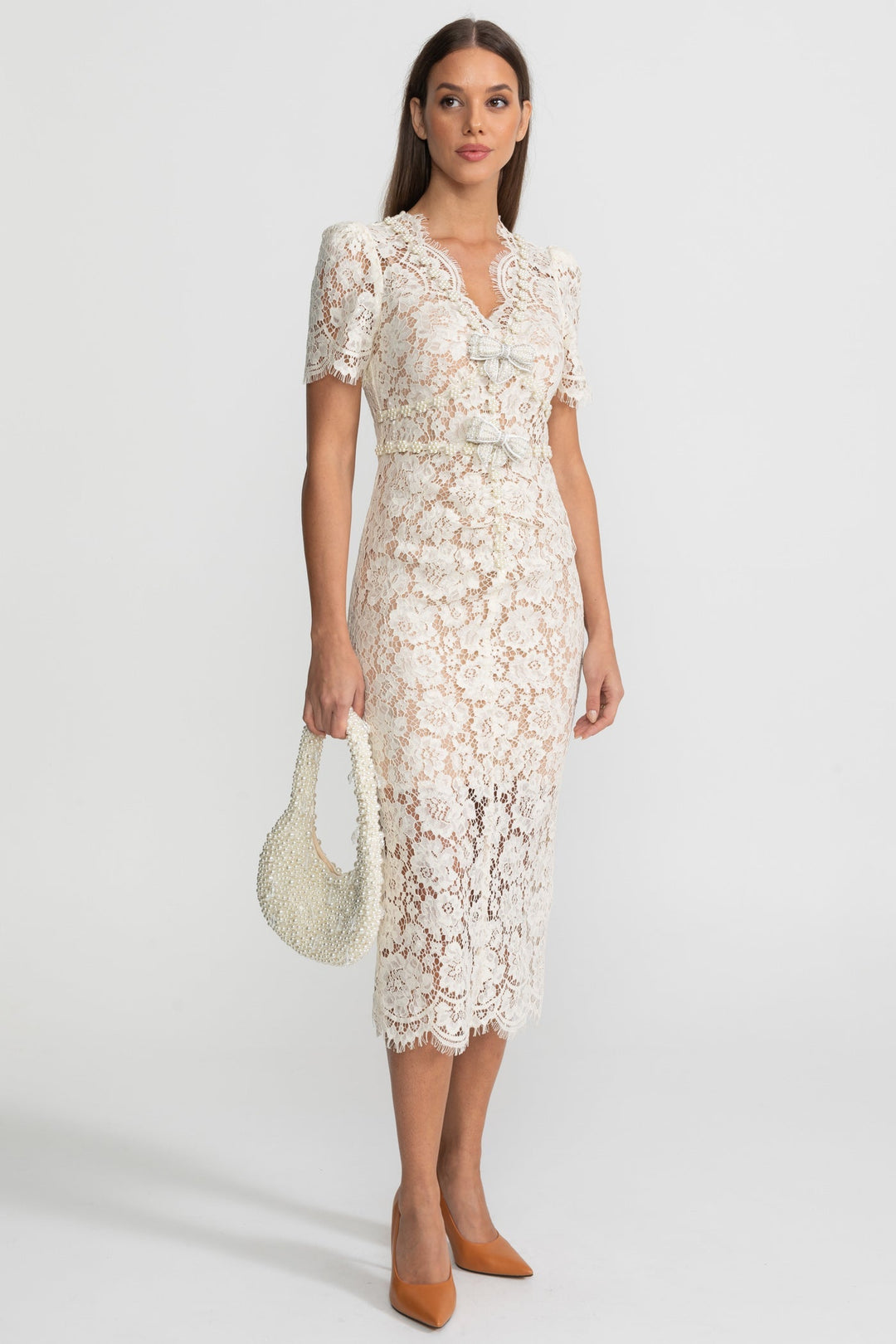 Nina | Embellished Lace Bow Midi Dress