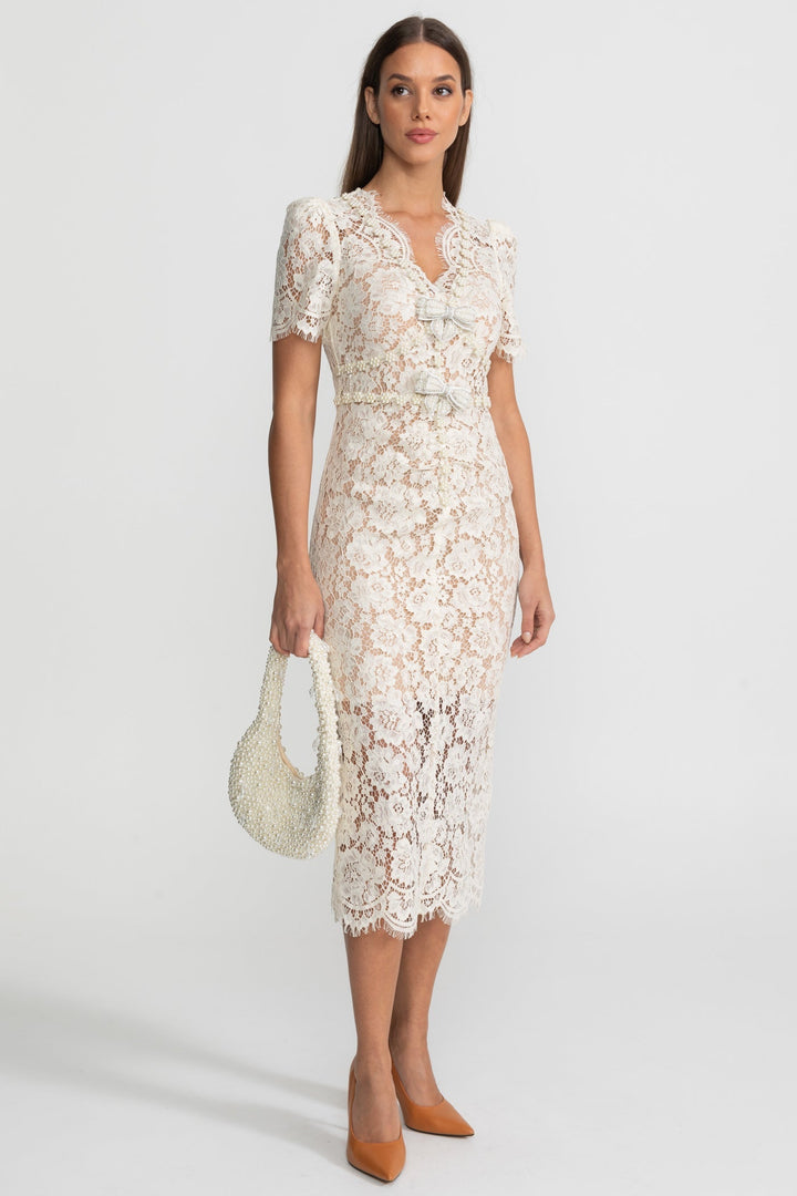 Nina | Embellished Lace Bow Midi Dress