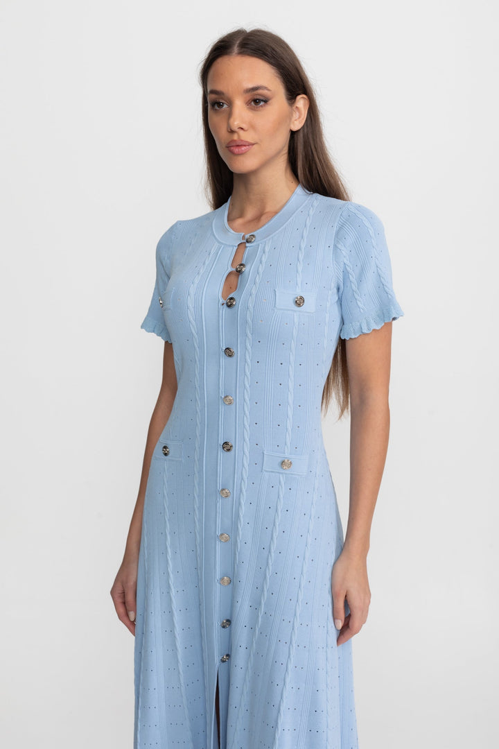 Cora | Scalloped Sleeve Button-Front Knit Midi Dress