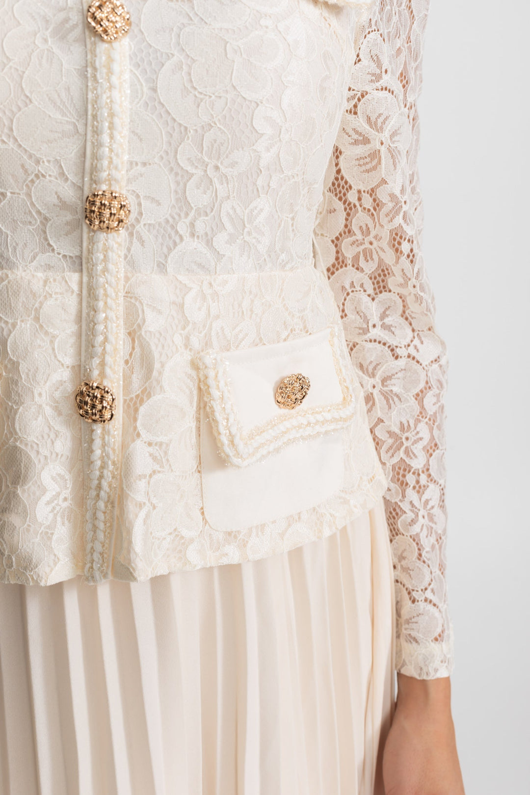 Priya | Lace &amp; Pleated Gold Button Midi Dress