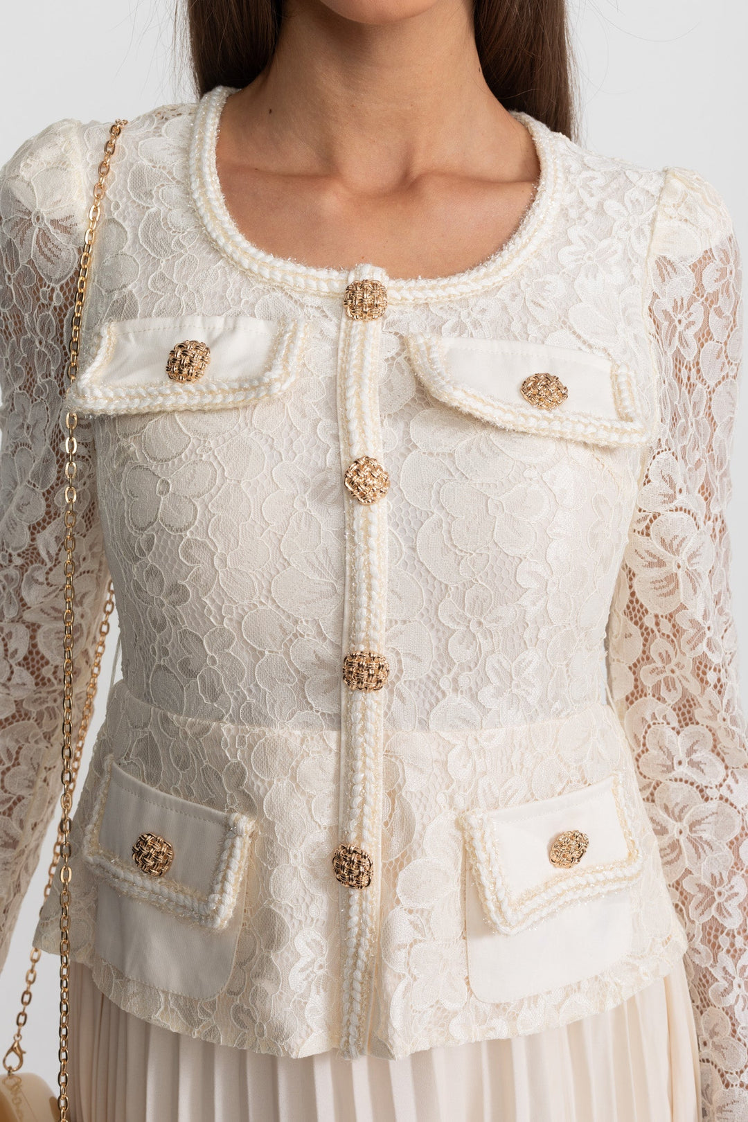 Priya | Lace &amp; Pleated Gold Button Midi Dress