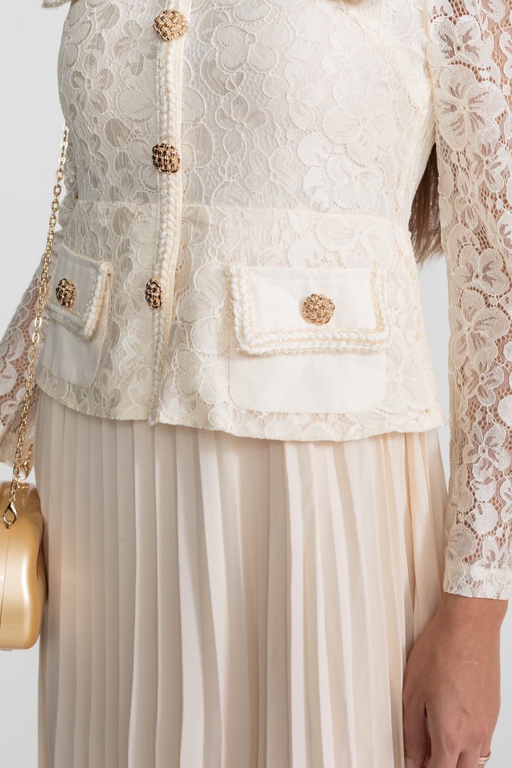 Priya | Lace &amp; Pleated Gold Button Midi Dress