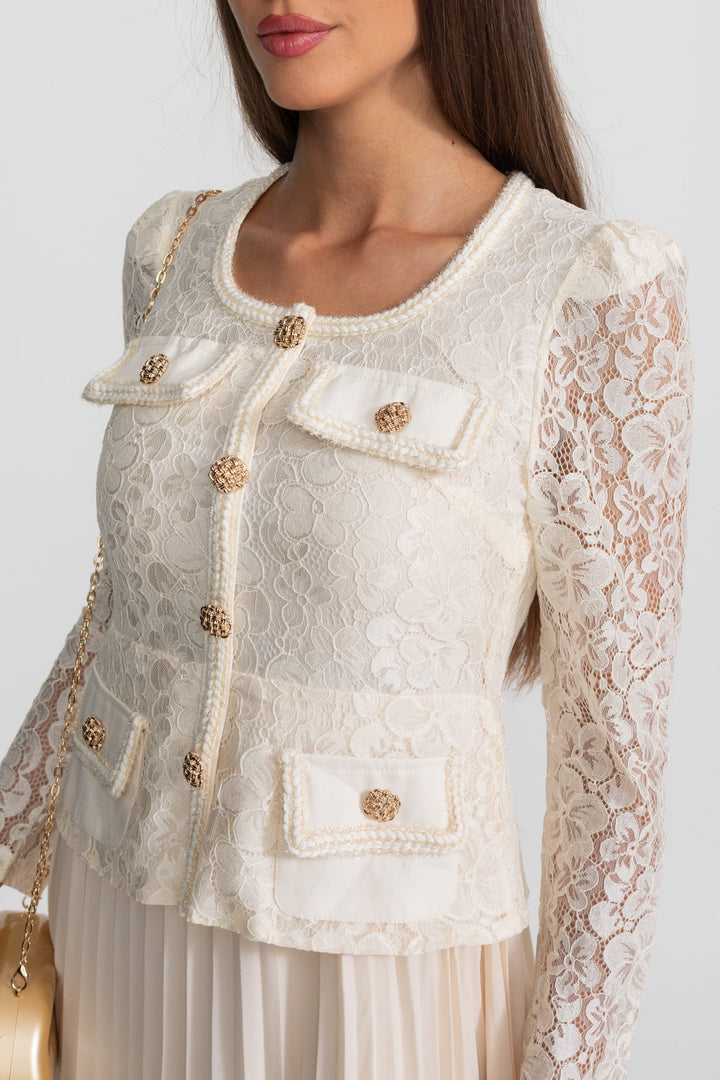 Priya | Lace &amp; Pleated Gold Button Midi Dress