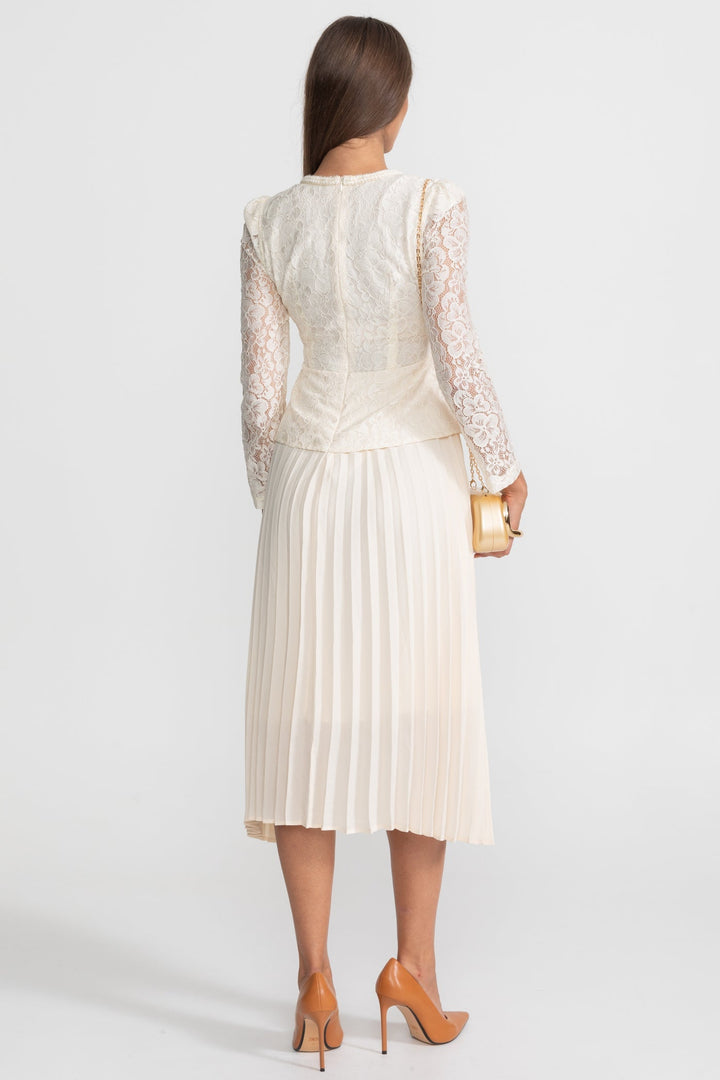Priya | Lace &amp; Pleated Gold Button Midi Dress