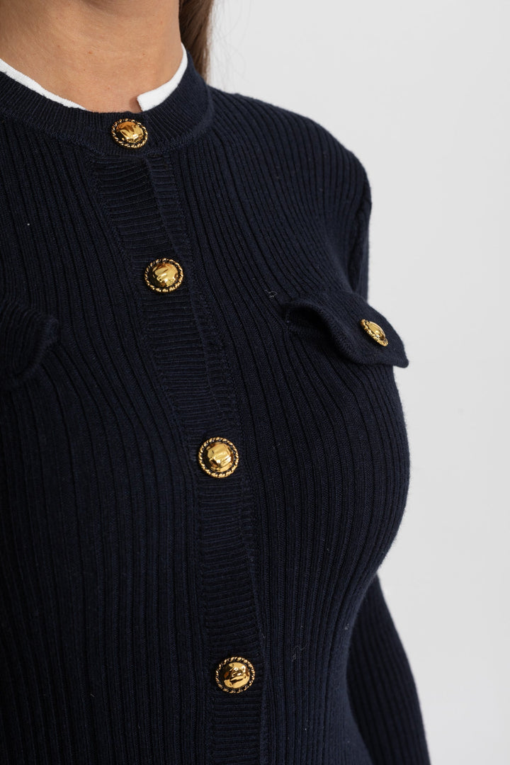 Sable | Ribbed Knit Gold Button Midi Dress