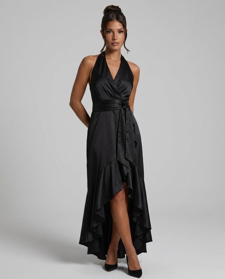 Velara | Off-Shoulder V-Neck Satin Maxi Dress