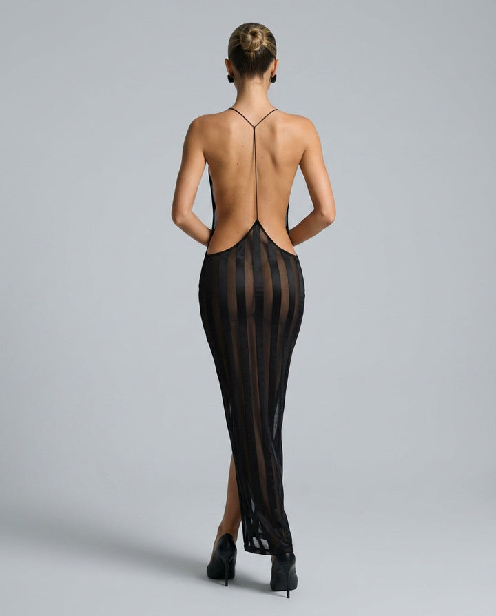 Ravène | Sheer Mesh Halter Open Back Maxi Dress