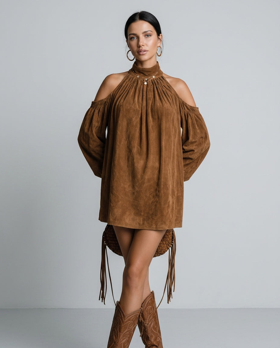 Sienna | Faux Suede Halter Mini with Lantern Sleeves