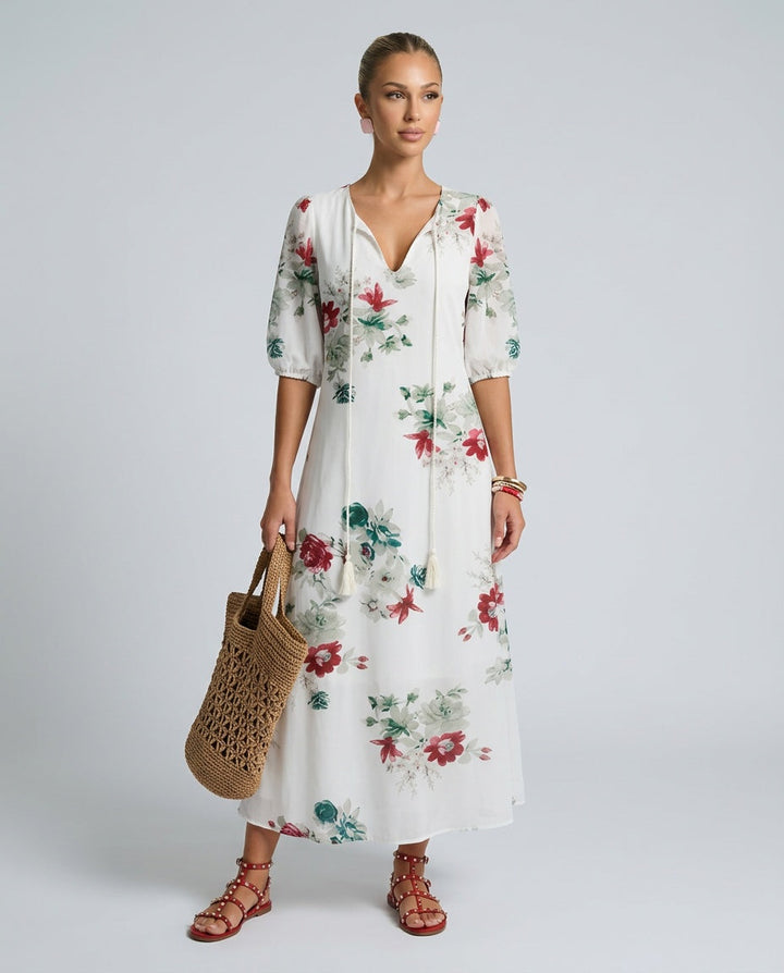 Mira | V-Neck Tassel-Strap Puff Sleeve Midi Dress