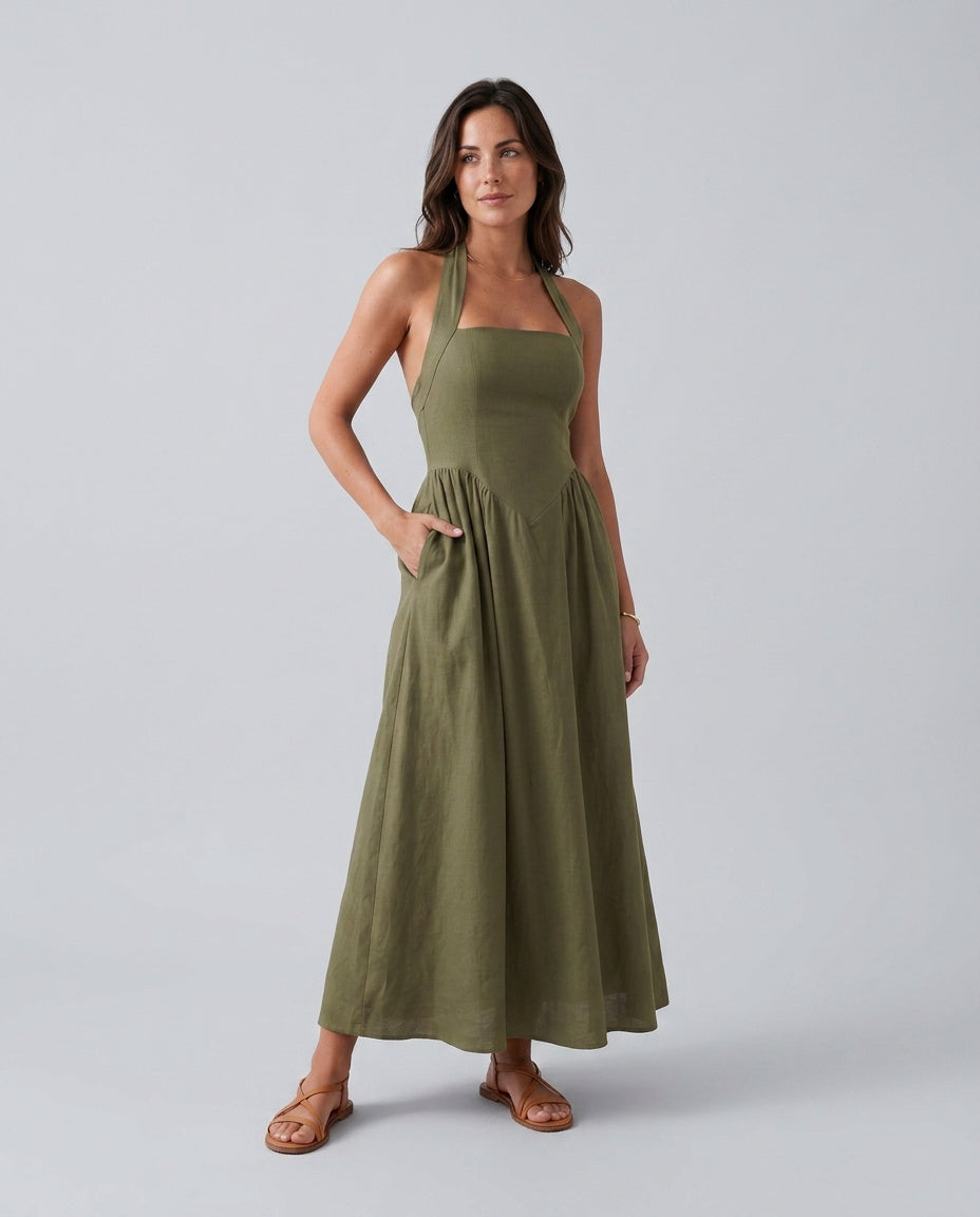 Aurelia | Basque Waist Halter Maxi Dress