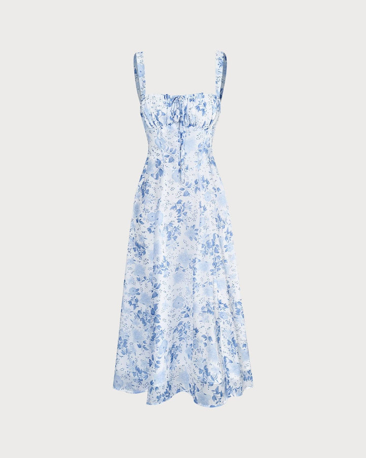 Rhea | Floral Ruched Square Neck Midi Dress