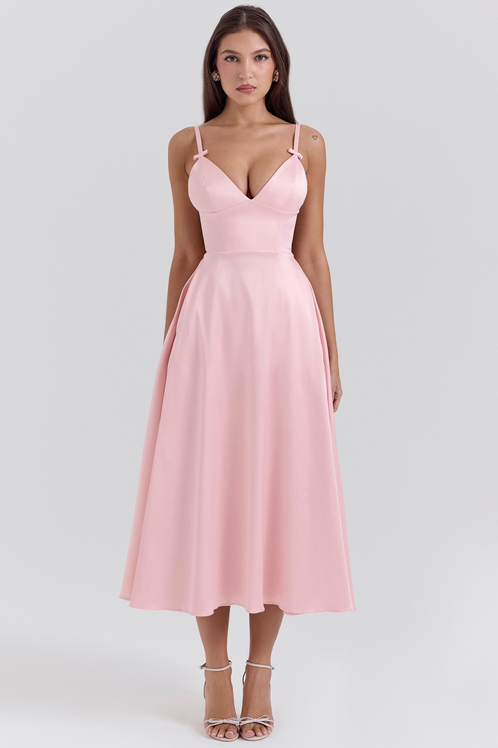 Daisy | Satin-Look A-Line Midi Dress with Bow Straps