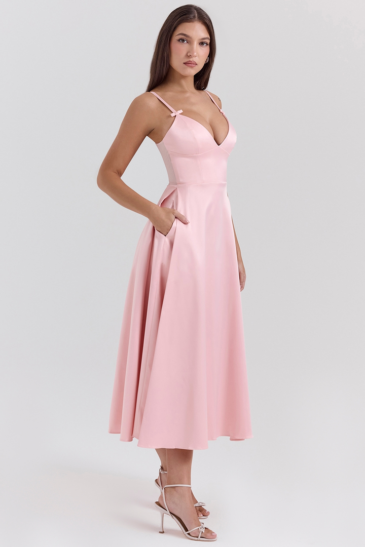 Daisy | Satin-Look A-Line Midi Dress with Bow Straps