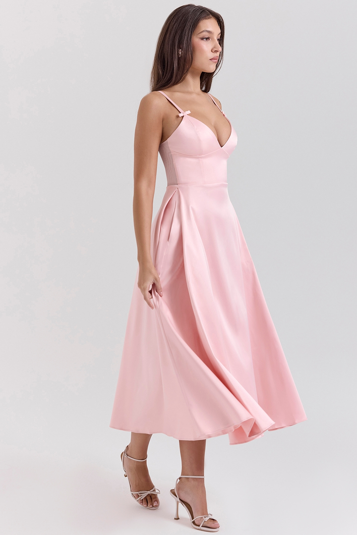 Daisy | Satin-Look A-Line Midi Dress with Bow Straps