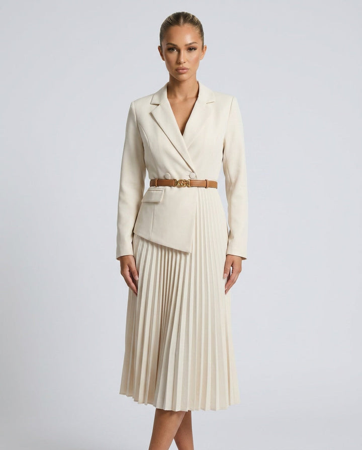 Cleona | Pleated Skirt Blazer-Style Midi Dress