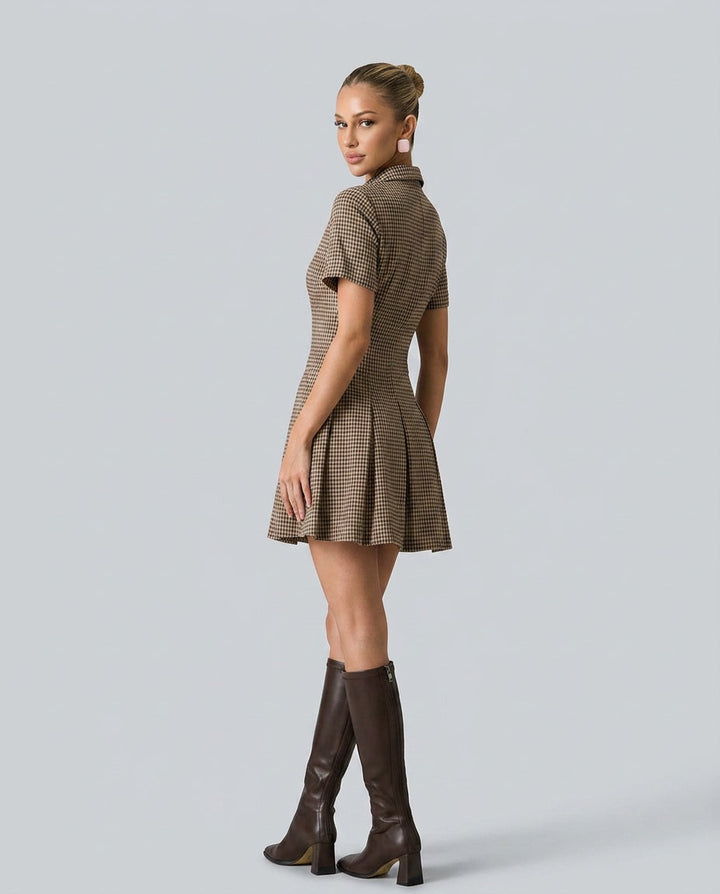 Imogen | Brown Plaid Lapel Pleated Mini Dress