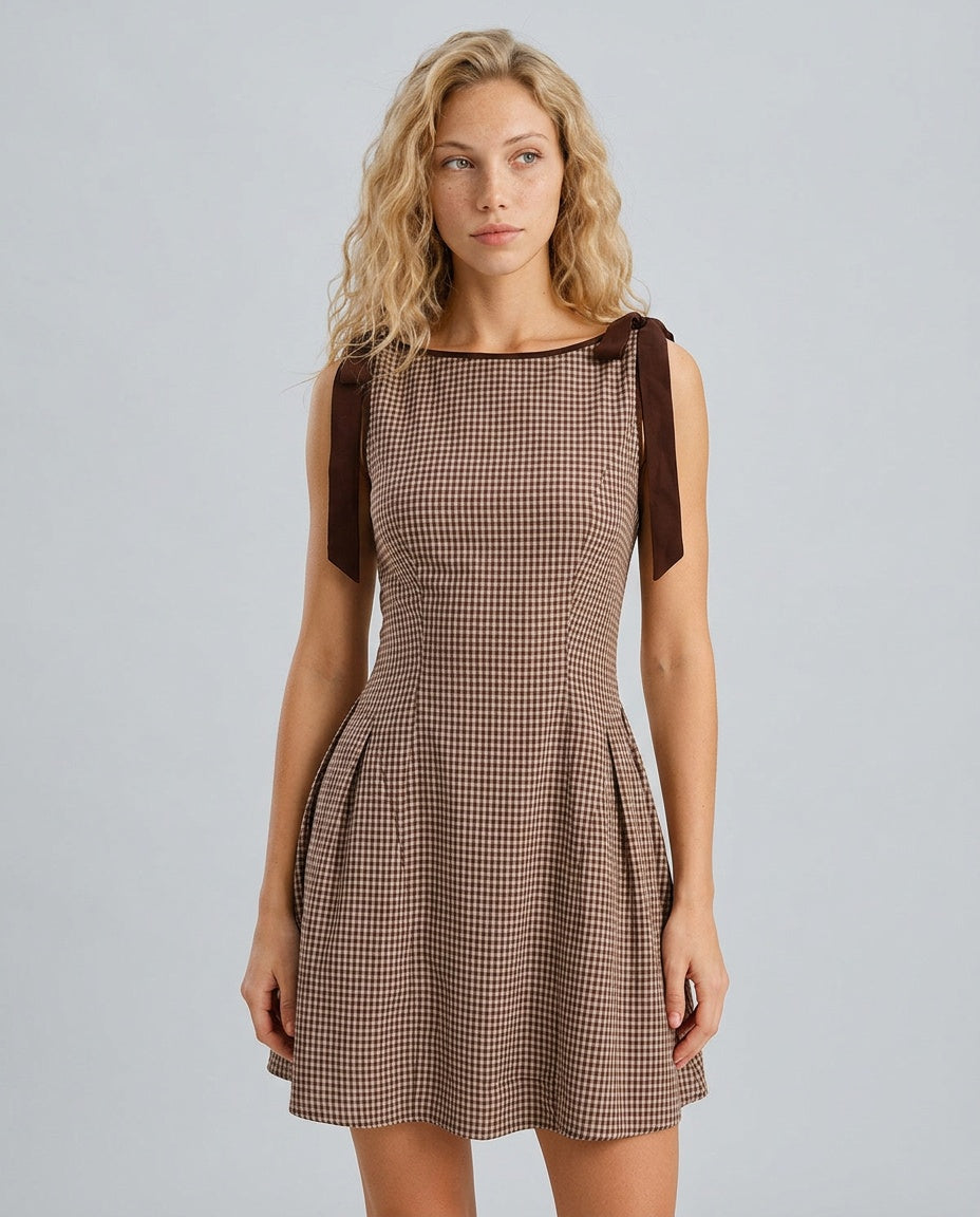 Coralie | Brown Gingham Tie Strap Mini Dress