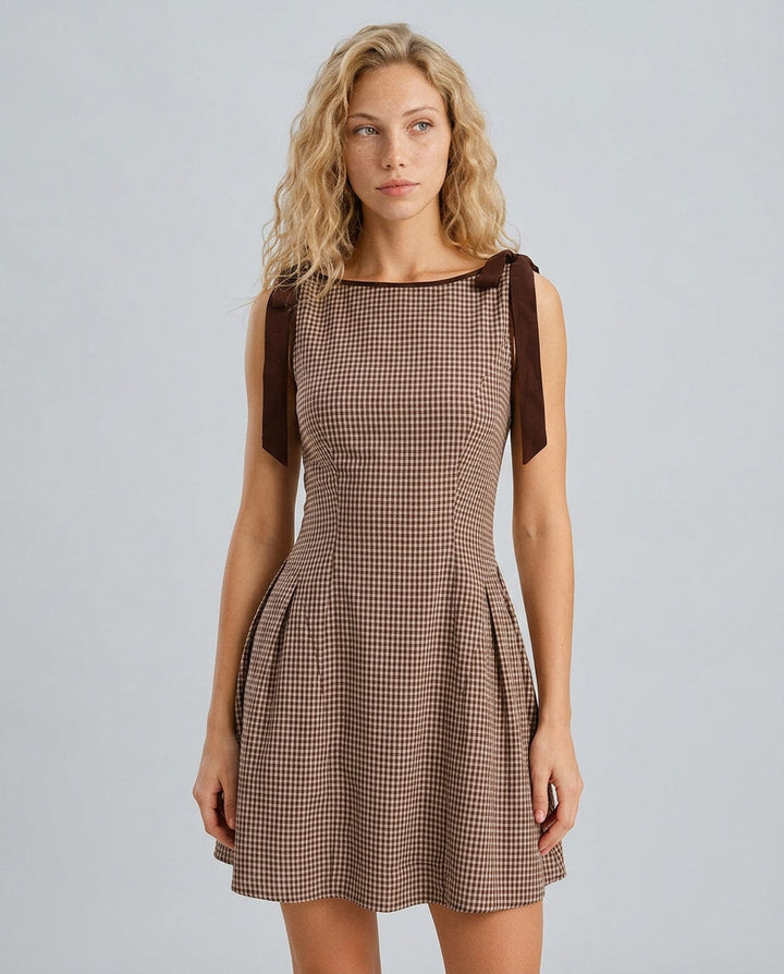 Coralie | Brown Gingham Tie Strap Mini Dress