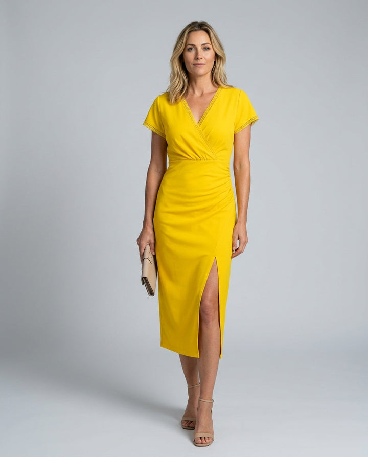 Lirène | V-Neck Lace-Trim Short Sleeve Midi Dress With Slit
