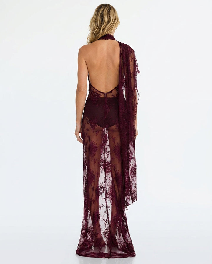 Amara | Lace See-Through Asymmetric Sleeve Maxi Dress