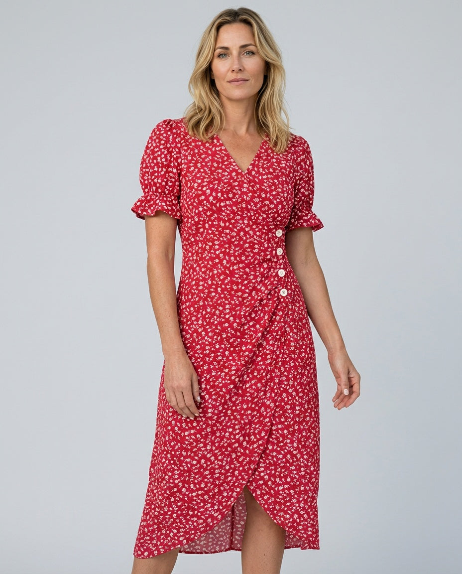 Nina | Floral Ruffle Sleeve Midi Wrap Dress
