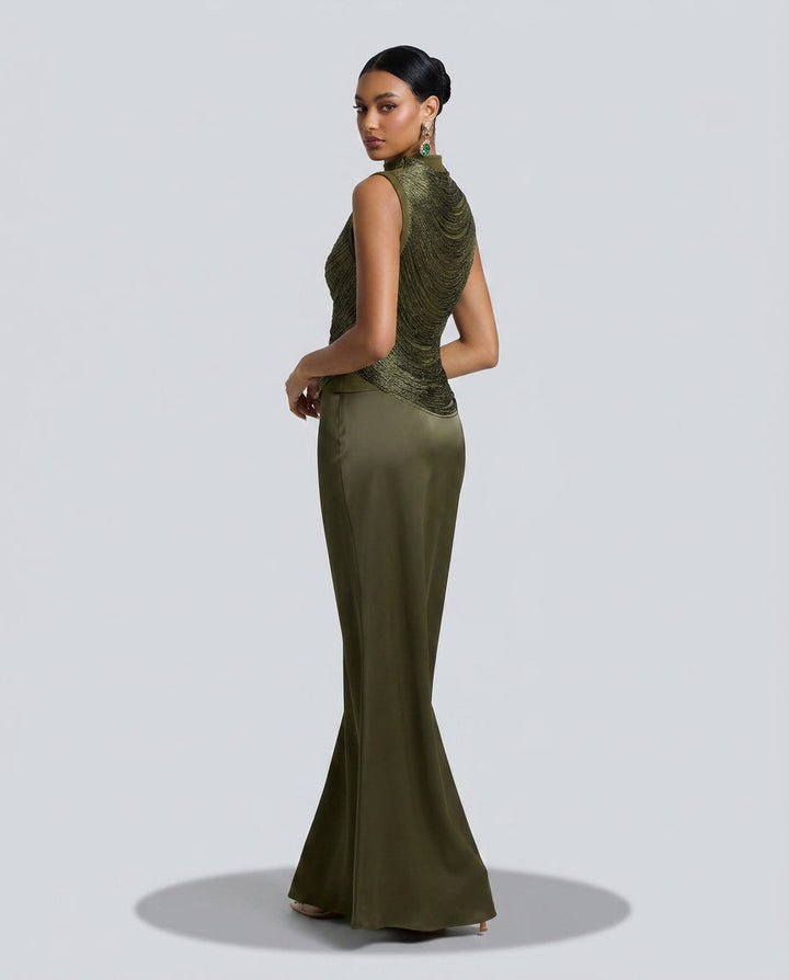 Josephine | Tassel Sleeveless Top &amp; Satin Low Waist Maxi Skirt Set