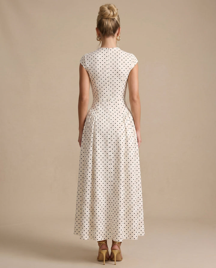 Dotée | Polka Dot High Neck Cap Sleeve Maxi Dress