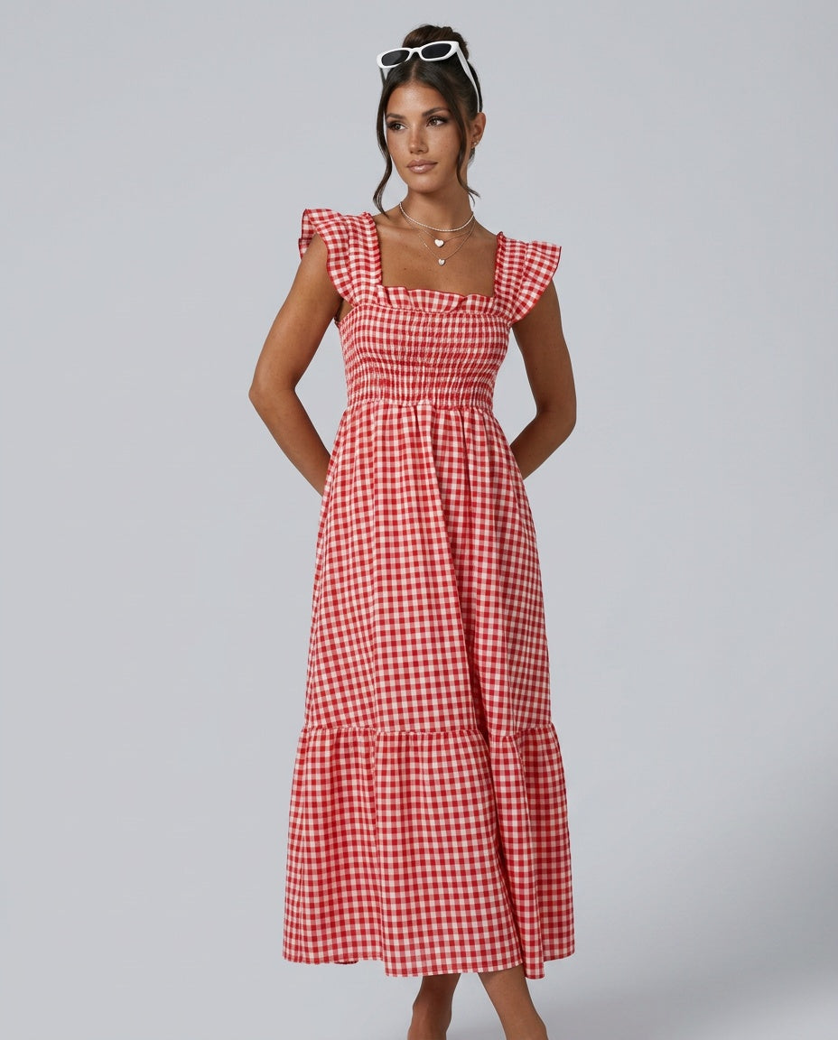 Celeste | Smocked Gingham Ruffle Sleeve Maxi Dress