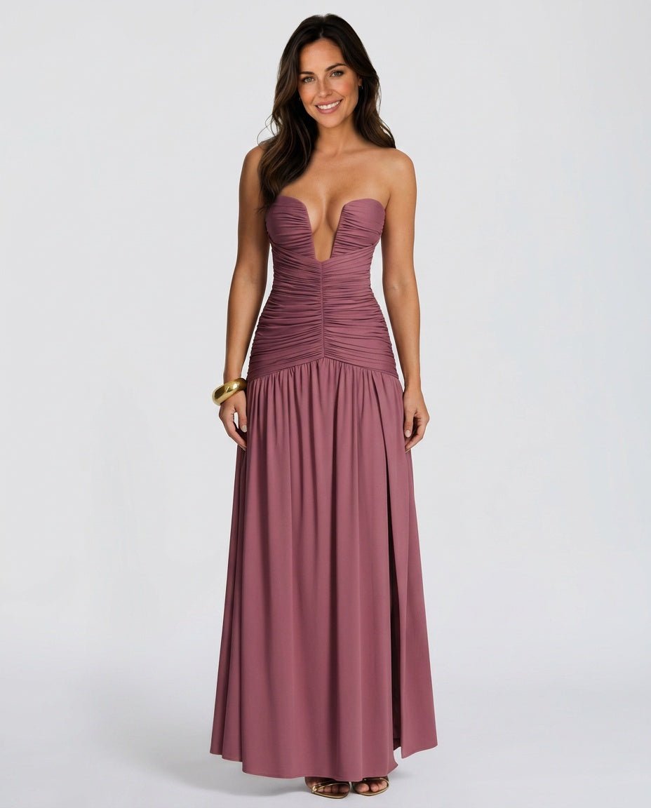 Maeve | Gathered Side Slit Maxi Dress