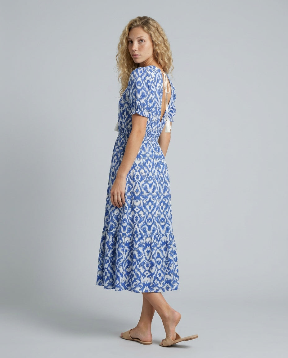 Mira | V-Neck Tassel-Strap Puff Sleeve Midi Dress