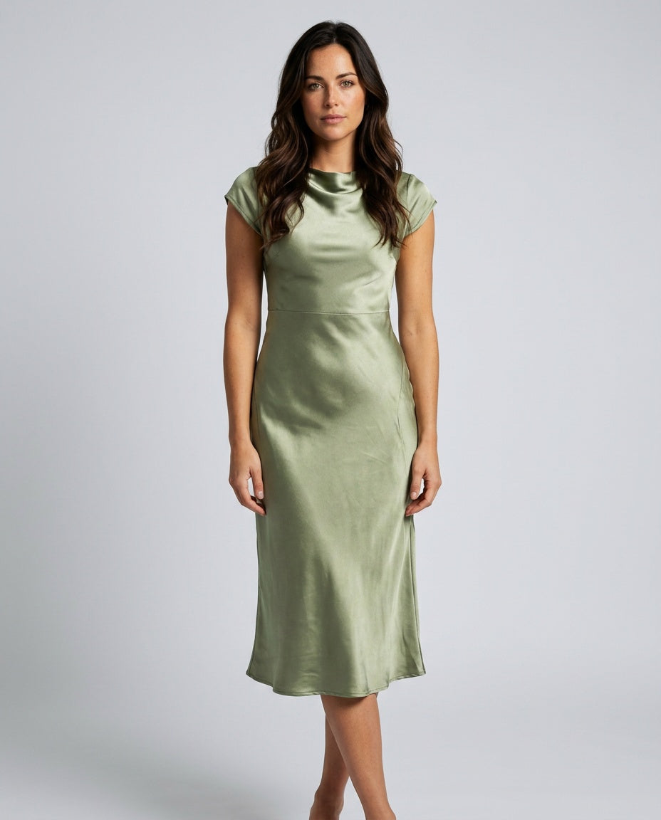 Sienna | Lace-Trim Waterfall Neck Midi Dress