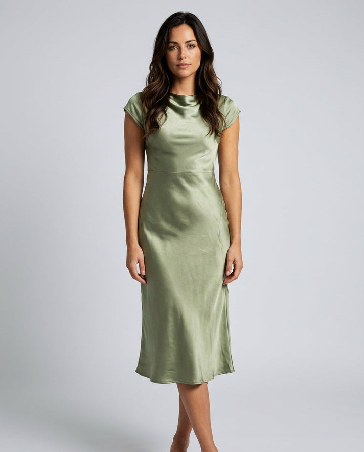 Sienna | Lace-Trim Waterfall Neck Midi Dress