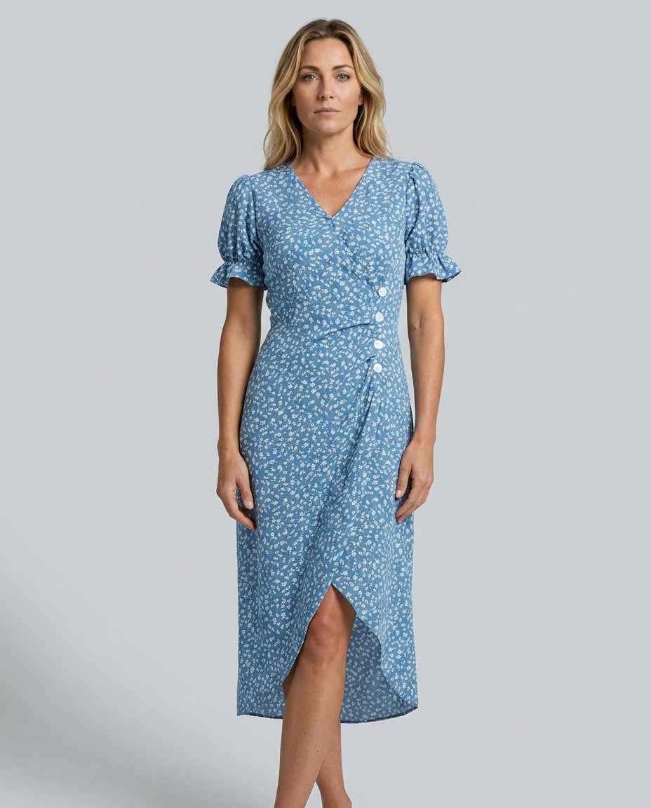 Nina | Floral Ruffle Sleeve Midi Wrap Dress