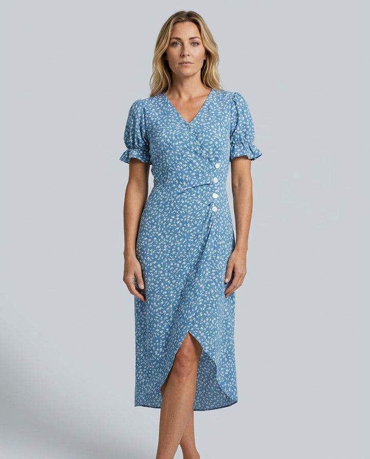 Nina | Floral Ruffle Sleeve Midi Wrap Dress