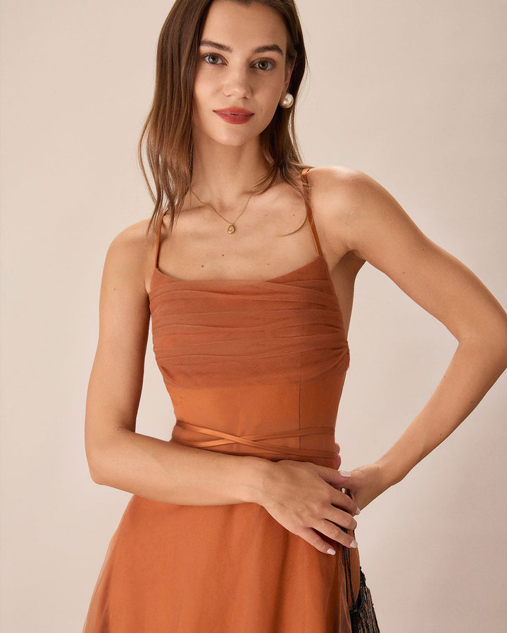 Selene | Spaghetti Strap Flowy Mesh Midi Dress