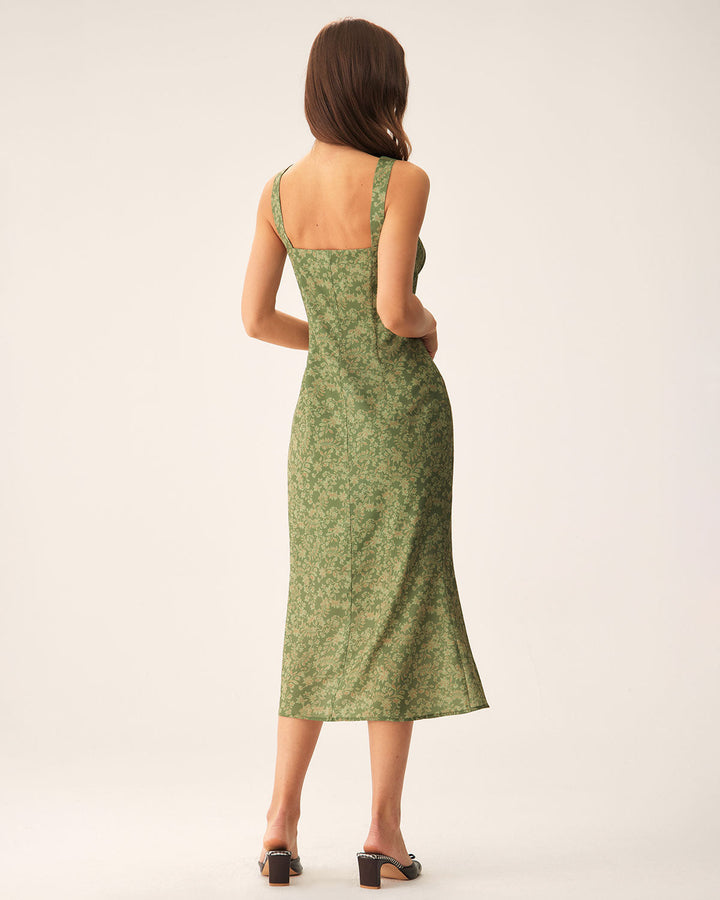 Valentina | Floral Square Neck Spaghetti Strap Midi Dress