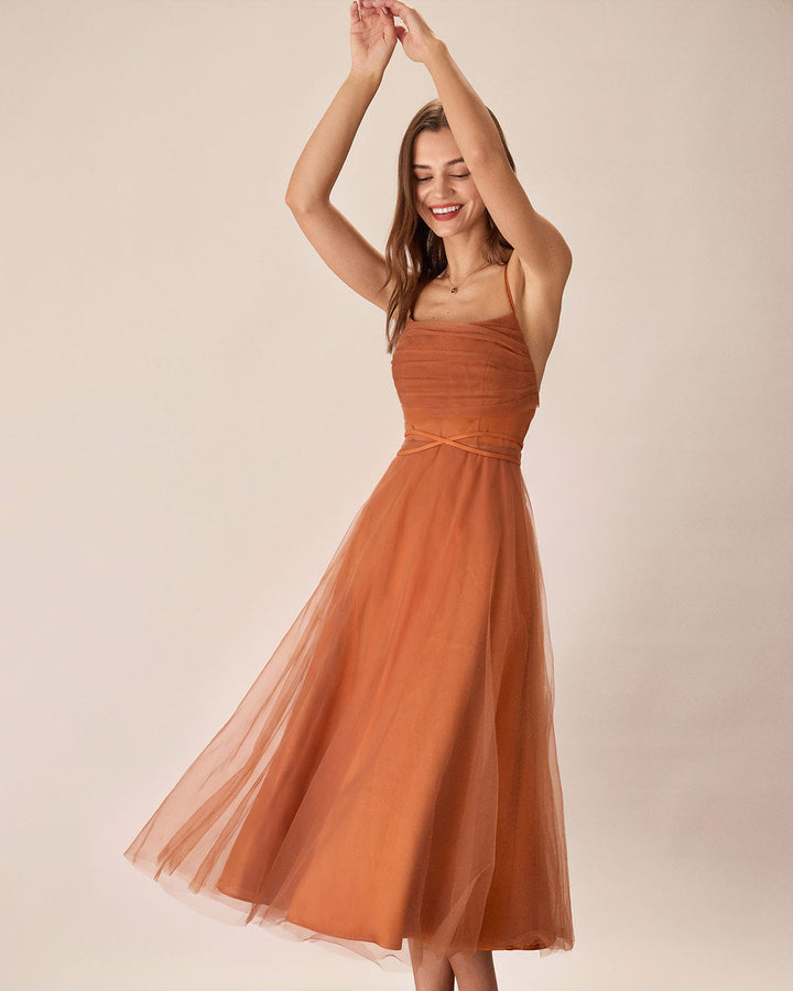 Selene | Spaghetti Strap Flowy Mesh Midi Dress
