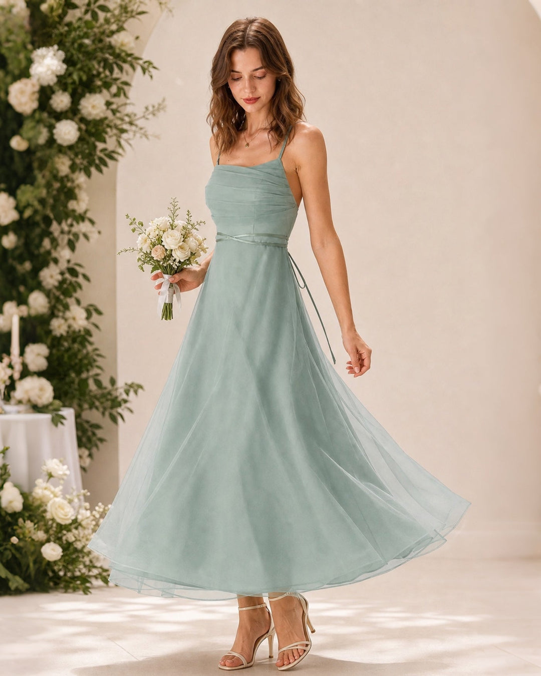 Kira | Spaghetti Strap Mesh Flowy Midi Dress