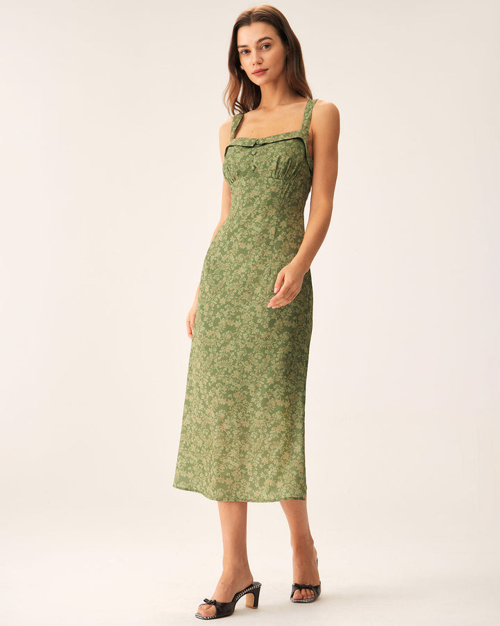 Valentina | Floral Square Neck Spaghetti Strap Midi Dress