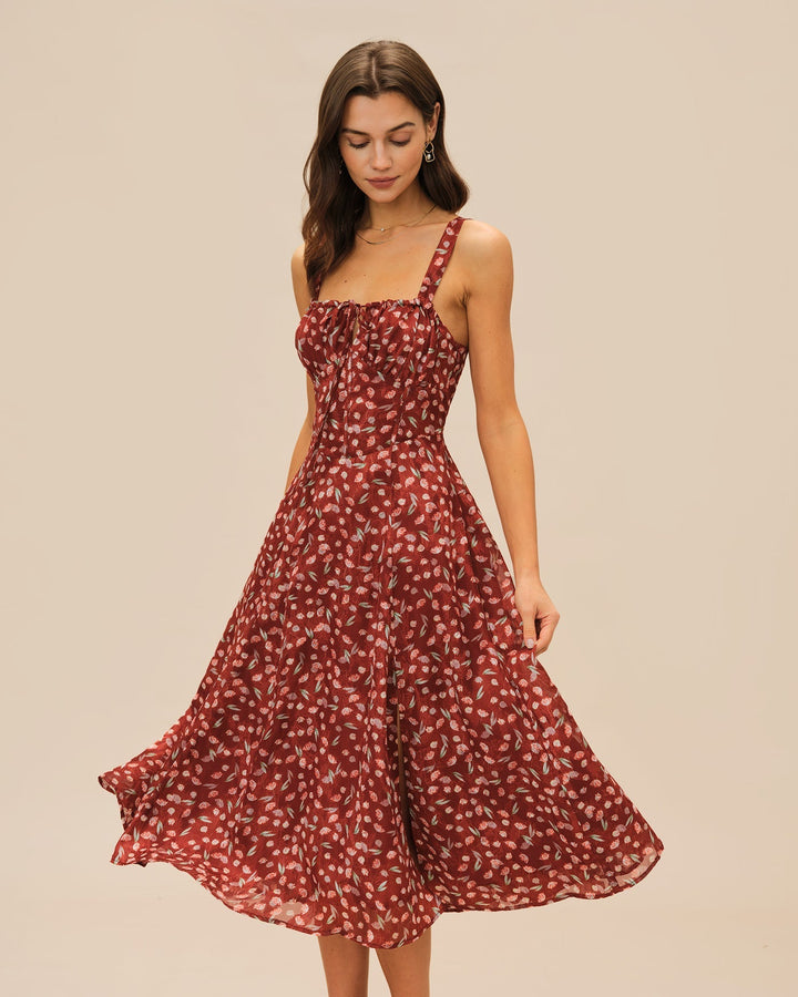 Leona | Floral Print Spaghetti Strap Midi Dress