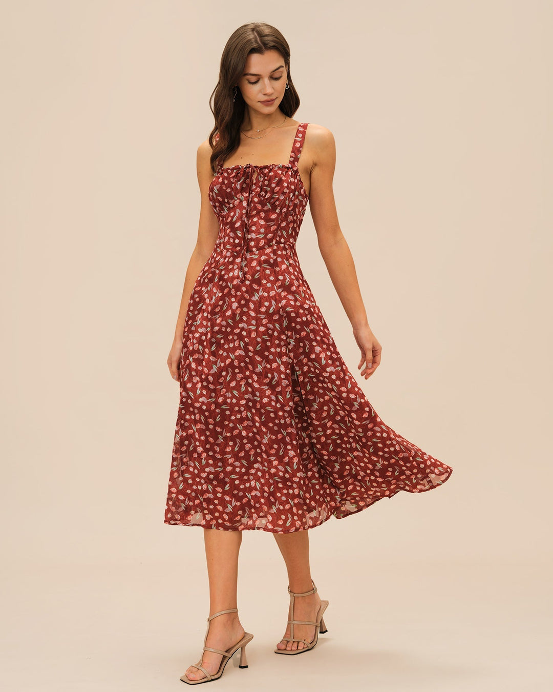 Leona | Floral Print Spaghetti Strap Midi Dress