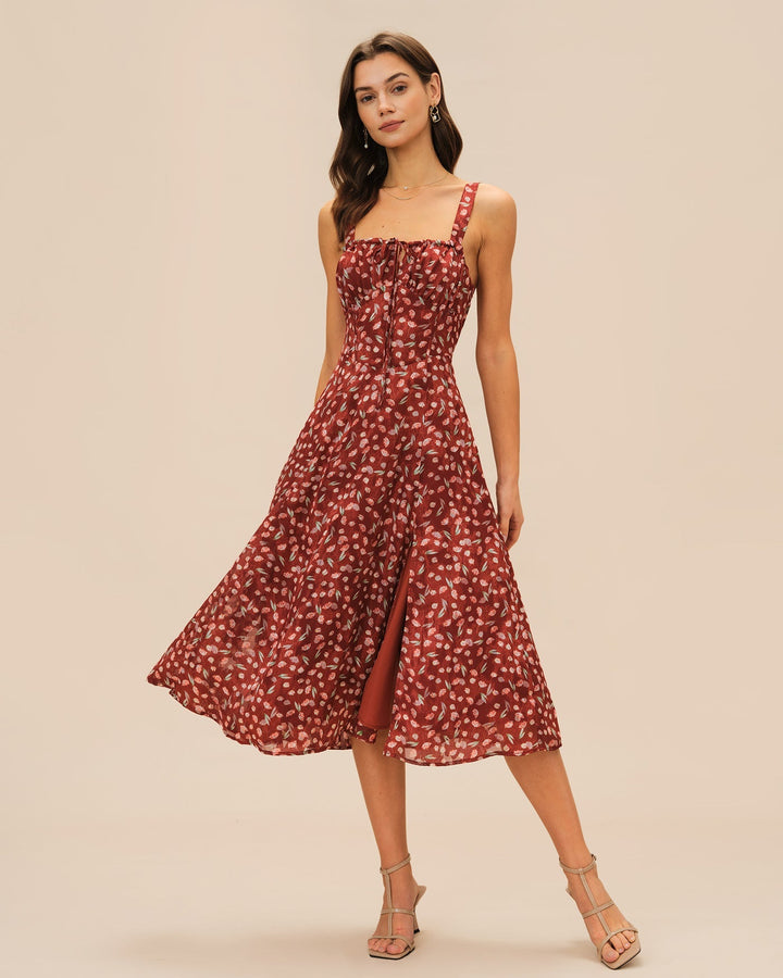 Leona | Floral Print Spaghetti Strap Midi Dress