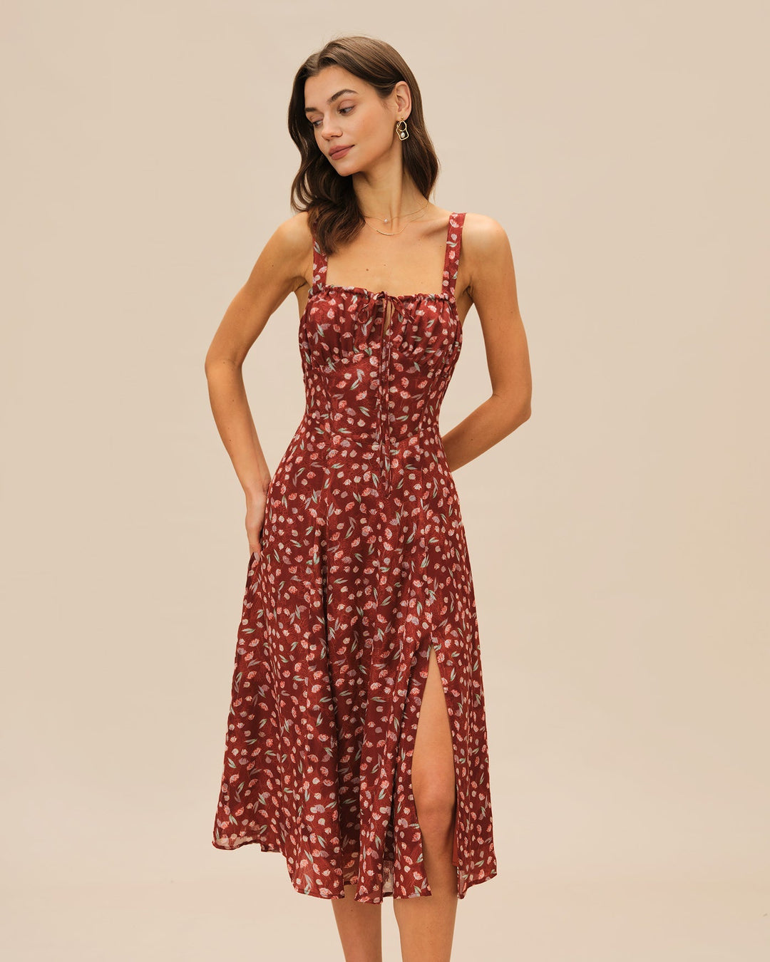 Leona | Floral Print Spaghetti Strap Midi Dress