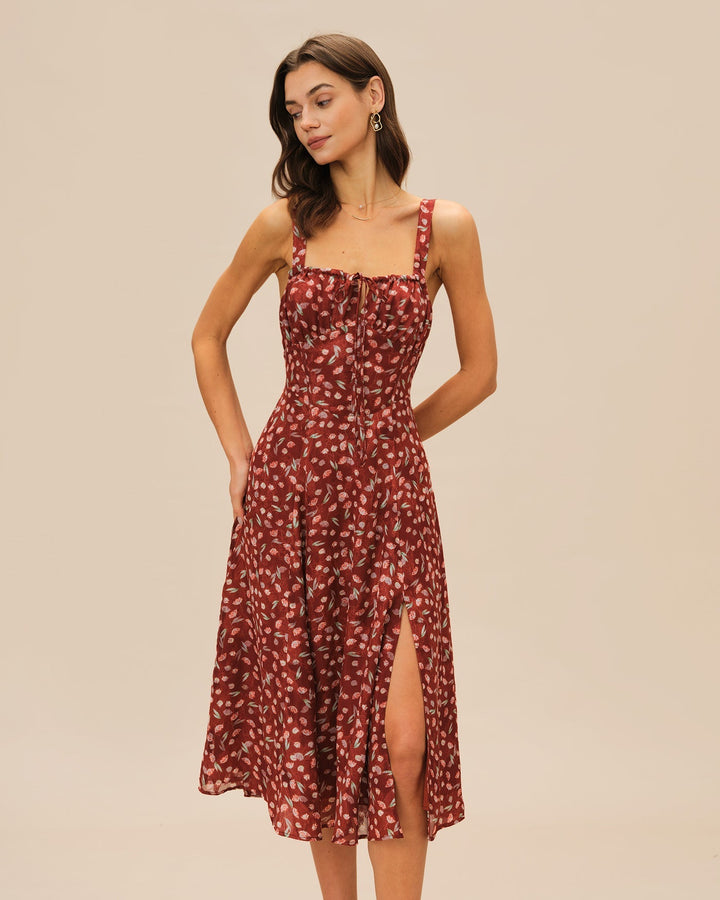 Leona | Floral Print Spaghetti Strap Midi Dress