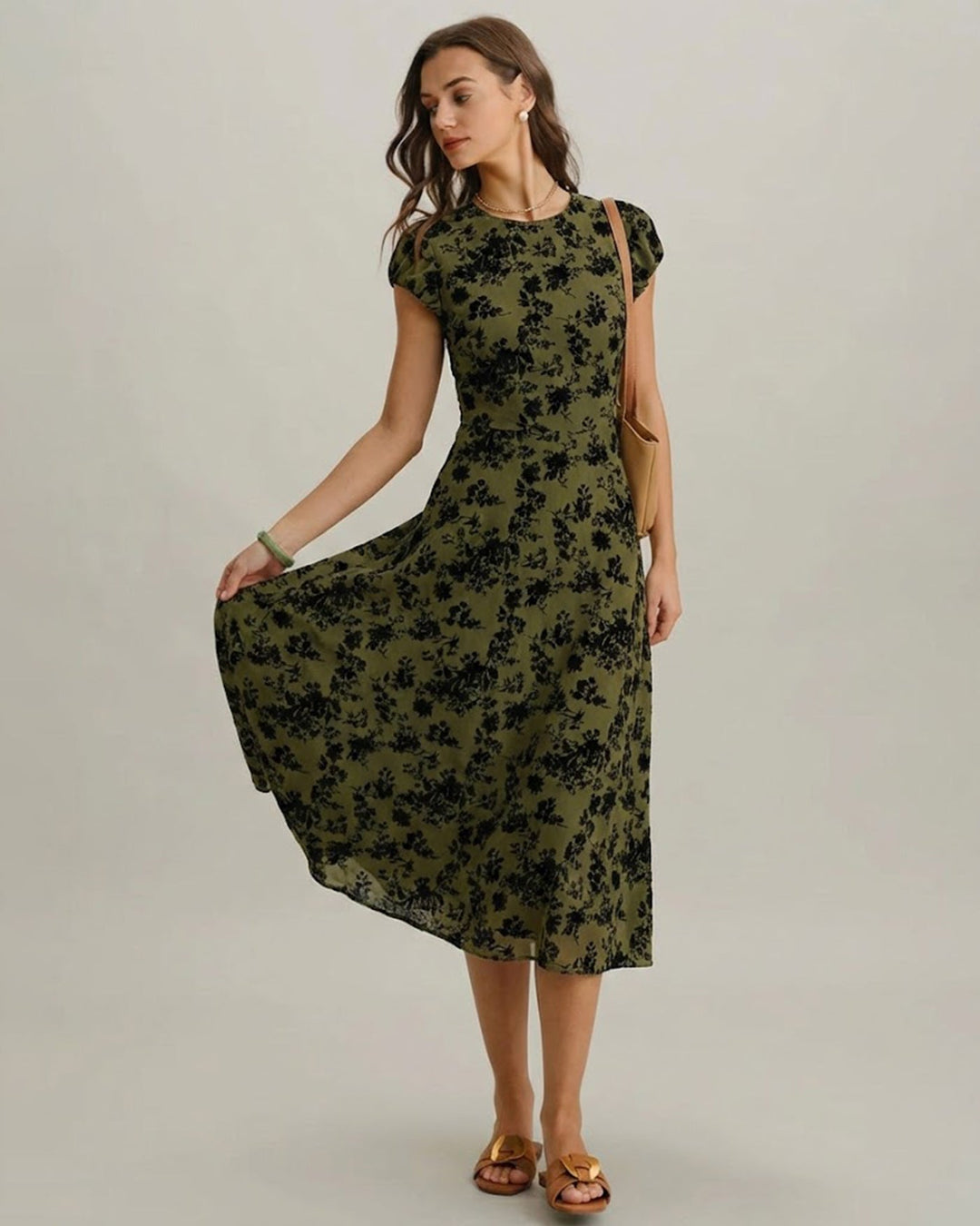 Sabine | Floral Print Cap Sleeve A-Line Midi Dress