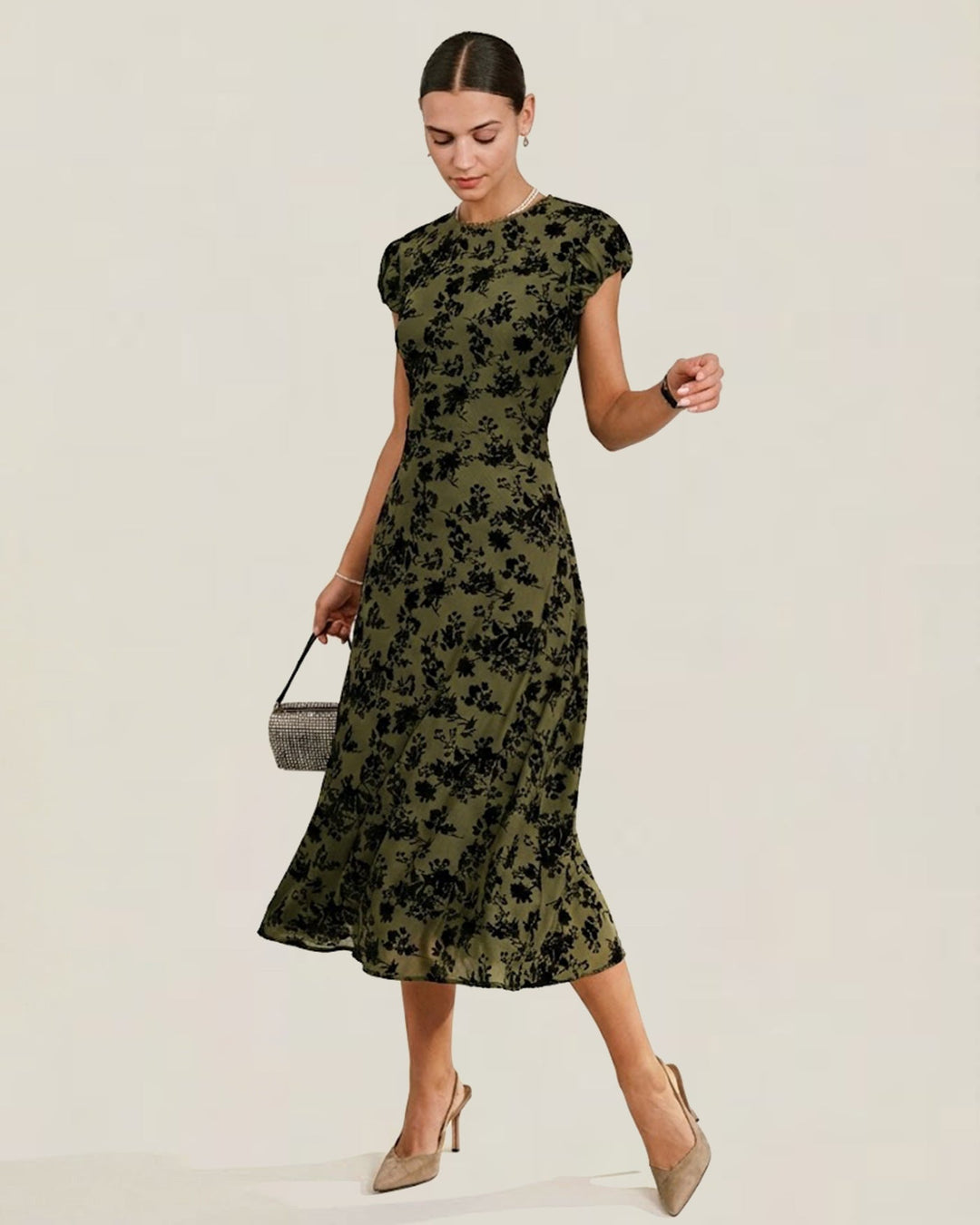 Sabine | Floral Print Cap Sleeve A-Line Midi Dress