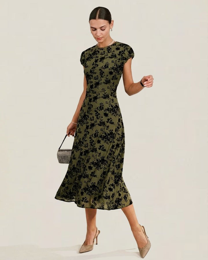 Sabine | Floral Print Cap Sleeve A-Line Midi Dress