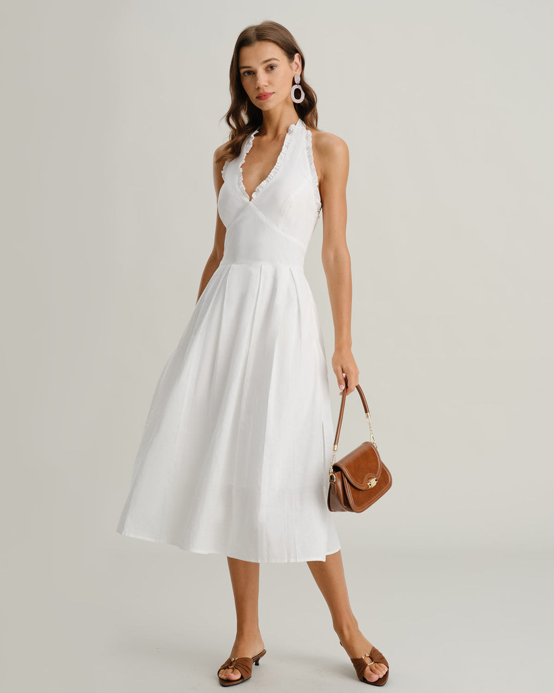 Neve | V-Neck Halter Sleeveless White Midi Dress