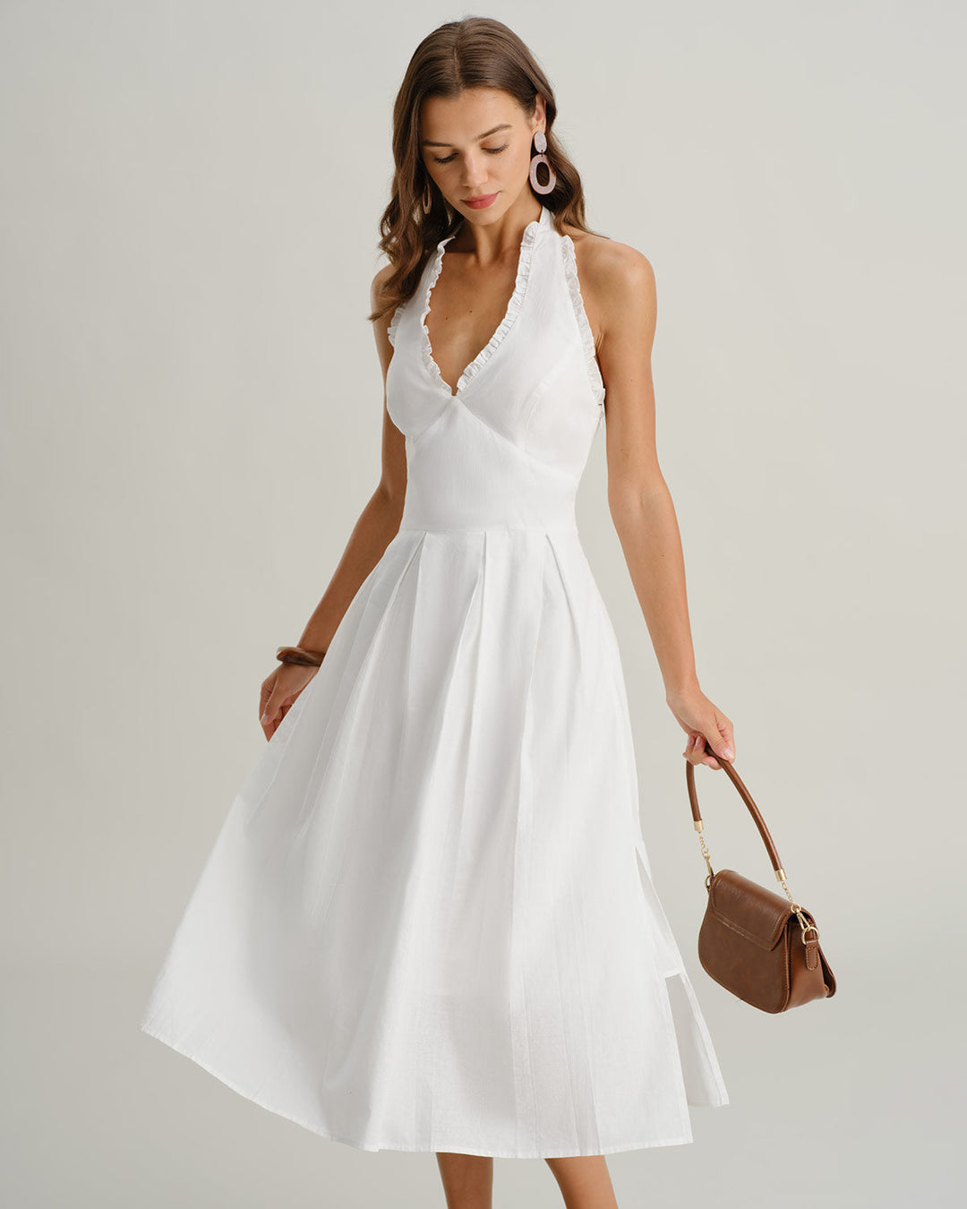 Neve | V-Neck Halter Sleeveless White Midi Dress