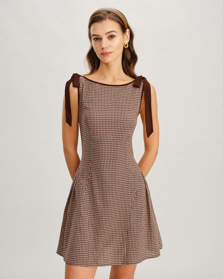 Reva | Brown Gingham Tie Strap Mini Dress